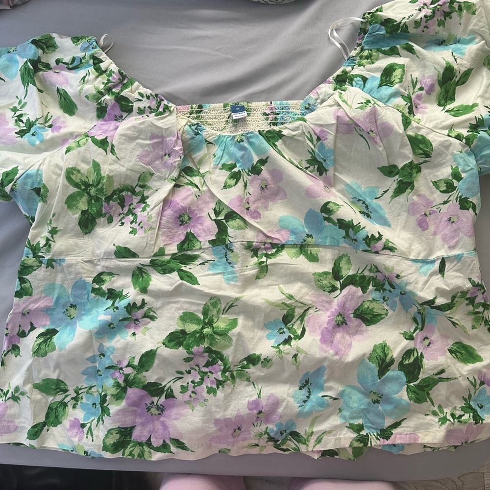 White and Green Smocked Ruffled Blouse